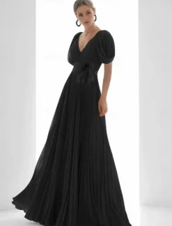 A-Line Evening Gown Elegant Dress Beach Wedding Formal Floor Length Short Sleeve V Neck Chiffon with Feather Ruched