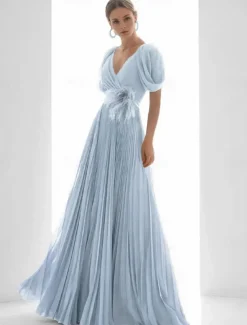 A-Line Evening Gown Elegant Dress Beach Wedding Formal Floor Length Short Sleeve V Neck Chiffon with Feather Ruched