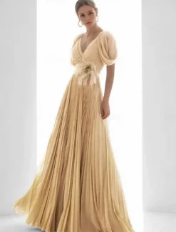 A-Line Evening Gown Elegant Dress Beach Wedding Formal Floor Length Short Sleeve V Neck Chiffon with Feather Ruched