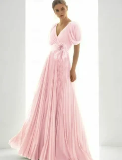 A-Line Evening Gown Elegant Dress Beach Wedding Formal Floor Length Short Sleeve V Neck Chiffon with Feather Ruched