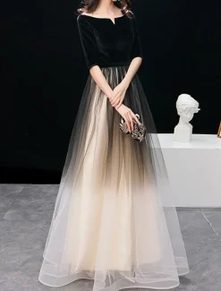 A-Line Evening Gown Elegant Dress Wedding Guest Prom Floor Length Half Sleeve Jewel Neck Tulle with Sleek