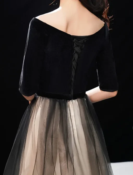 A-Line Evening Gown Elegant Dress Wedding Guest Prom Floor Length Half Sleeve Jewel Neck Tulle with Sleek