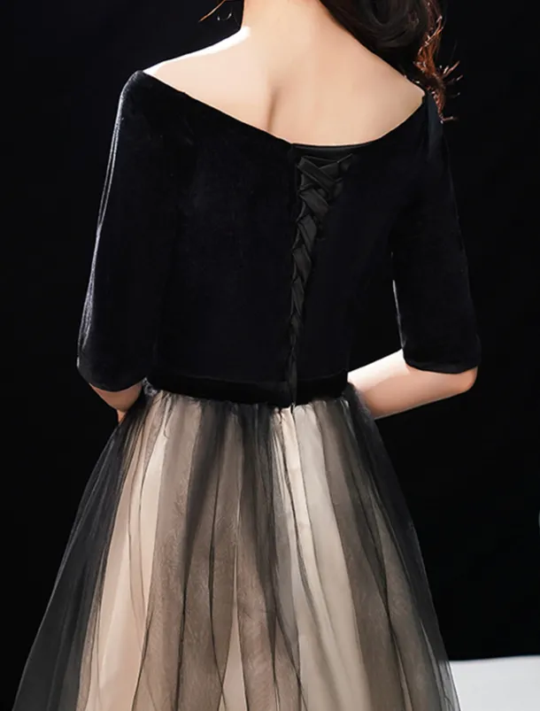 A-Line Evening Gown Elegant Dress Wedding Guest Prom Floor Length Half Sleeve Jewel Neck Tulle with Sleek