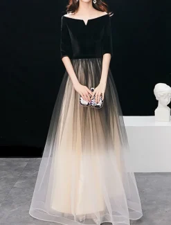 A-Line Evening Gown Elegant Dress Wedding Guest Prom Floor Length Half Sleeve Jewel Neck Tulle with Sleek