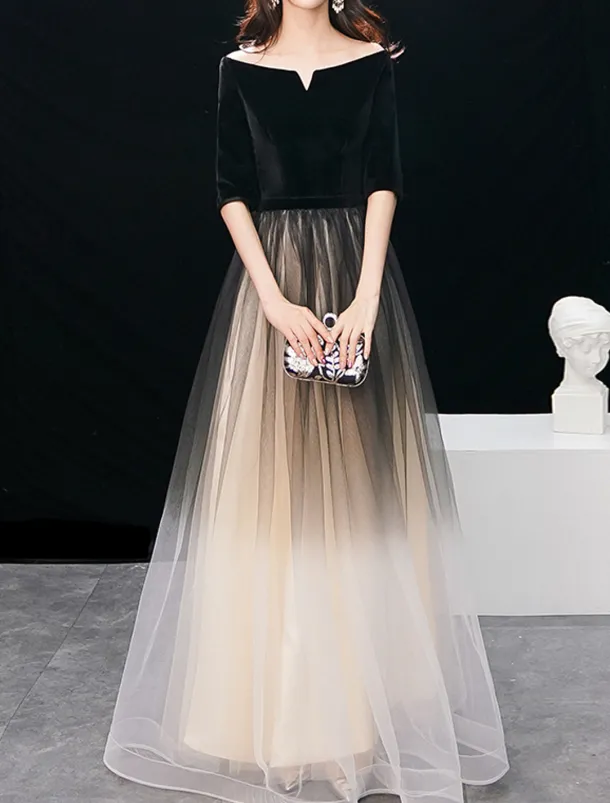 A-Line Evening Gown Elegant Dress Wedding Guest Prom Floor Length Half Sleeve Jewel Neck Tulle with Sleek