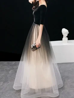 A-Line Evening Gown Elegant Dress Wedding Guest Prom Floor Length Half Sleeve Jewel Neck Tulle with Sleek