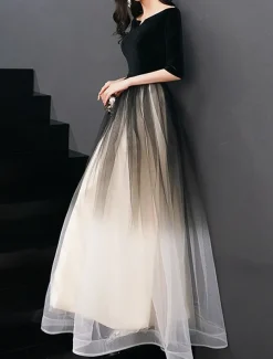 A-Line Evening Gown Elegant Dress Wedding Guest Prom Floor Length Half Sleeve Jewel Neck Tulle with Sleek