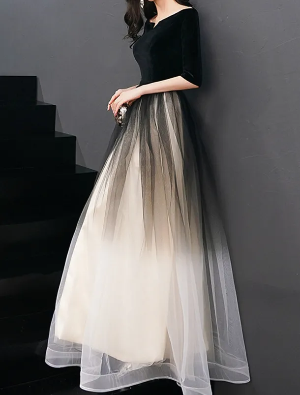A-Line Evening Gown Elegant Dress Wedding Guest Prom Floor Length Half Sleeve Jewel Neck Tulle with Sleek