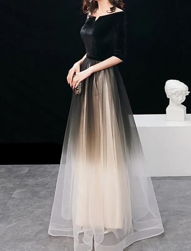 A-Line Evening Gown Elegant Dress Wedding Guest Prom Floor Length Half Sleeve Jewel Neck Tulle with Sleek