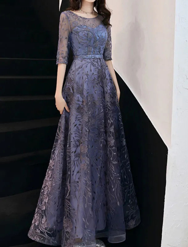 A-Line Evening Gown Elegant Dress Wedding Guest Formal Evening Floor Length Half Sleeve Jewel Neck Tulle with Embroidery Pattern / Print free custom size