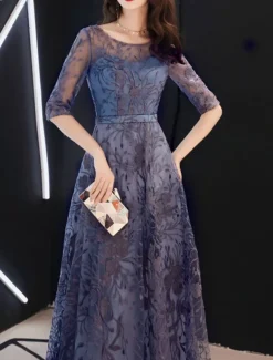 A-Line Evening Gown Elegant Dress Wedding Guest Formal Evening Floor Length Half Sleeve Jewel Neck Tulle with Embroidery Pattern / Print free custom size