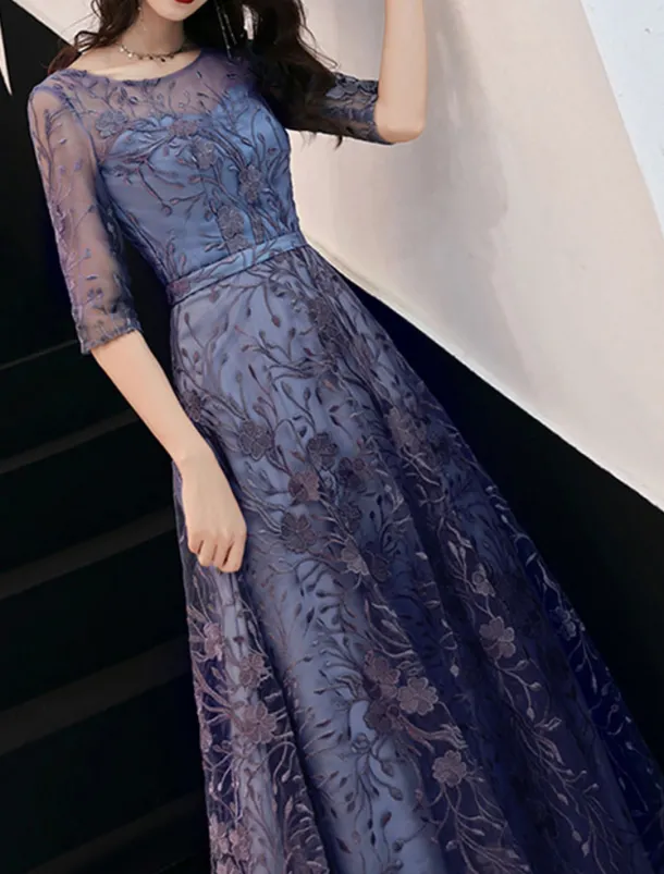 A-Line Evening Gown Elegant Dress Wedding Guest Formal Evening Floor Length Half Sleeve Jewel Neck Tulle with Embroidery Pattern / Print free custom size