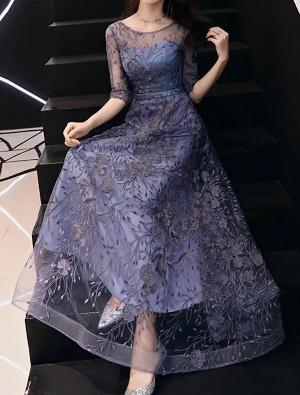 A-Line Evening Gown Elegant Dress Wedding Guest Formal Evening Floor Length Half Sleeve Jewel Neck Tulle with Embroidery Pattern / Print free custom size