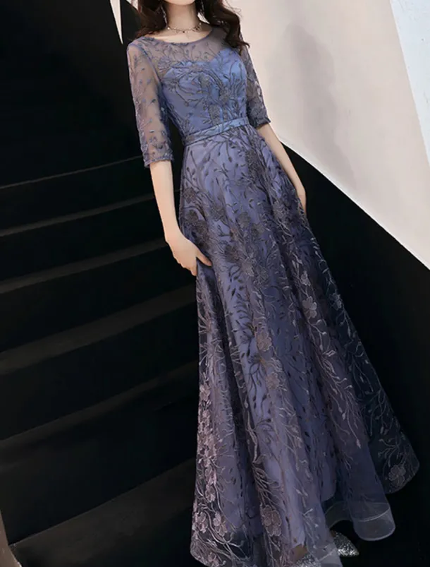 A-Line Evening Gown Elegant Dress Wedding Guest Formal Evening Floor Length Half Sleeve Jewel Neck Tulle with Embroidery Pattern / Print free custom size