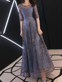 A-Line Evening Gown Elegant Dress Wedding Guest Formal Evening Floor Length Half Sleeve Jewel Neck Tulle with Embroidery Pattern / Print free custom size