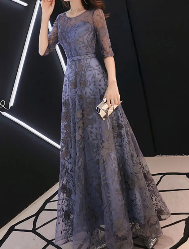 A-Line Evening Gown Elegant Dress Wedding Guest Formal Evening Floor Length Half Sleeve Jewel Neck Tulle with Embroidery Pattern / Print free custom size