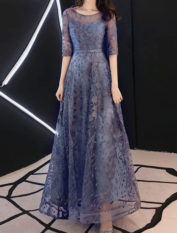 A-Line Evening Gown Elegant Dress Wedding Guest Formal Evening Floor Length Half Sleeve Jewel Neck Tulle with Embroidery Pattern / Print free custom size