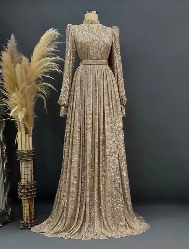 A-Line Evening Gown Elegant Dress Black Tie Floor Length Long Sleeve Jewel Neck Fall Wedding Guest Sequined with Ruched Masquerade Dress