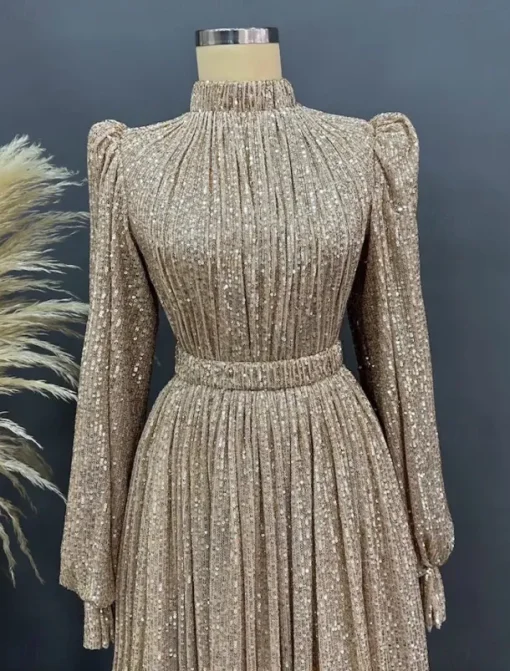 A-Line Evening Gown Elegant Dress Black Tie Floor Length Long Sleeve Jewel Neck Fall Wedding Guest Sequined with Ruched Masquerade Dress