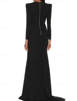 A-Line Evening Gown Elegant BlackDress Tuxedo Dress Plus Size Dress Formal Sweep / Brush Train Long Sleeve V Neck Stretch Fabric with Pleats Slit Masquerade Dress to impress