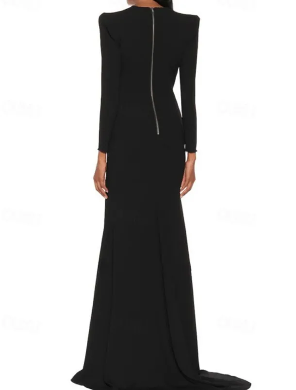 A-Line Evening Gown Elegant BlackDress Tuxedo Dress Plus Size Dress Formal Sweep / Brush Train Long Sleeve V Neck Stretch Fabric with Pleats Slit Masquerade Dress to impress