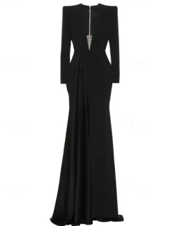 A-Line Evening Gown Elegant BlackDress Tuxedo Dress Plus Size Dress Formal Sweep / Brush Train Long Sleeve V Neck Stretch Fabric with Pleats Slit Masquerade Dress to impress