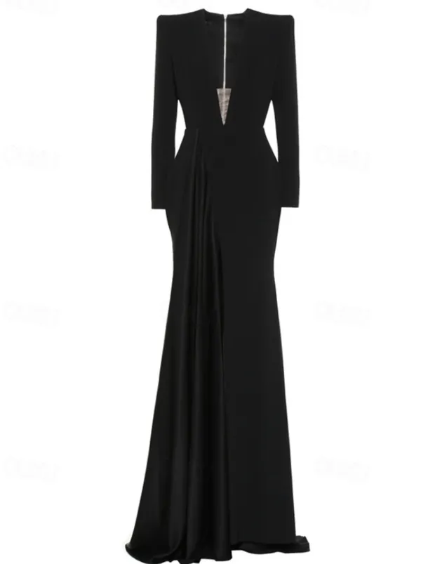 A-Line Evening Gown Elegant BlackDress Tuxedo Dress Plus Size Dress Formal Sweep / Brush Train Long Sleeve V Neck Stretch Fabric with Pleats Slit Masquerade Dress to impress