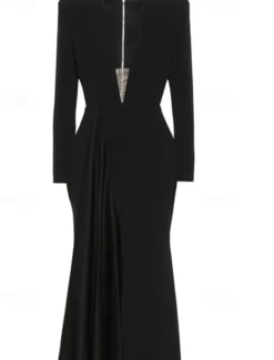A-Line Evening Gown Elegant BlackDress Tuxedo Dress Plus Size Dress Formal Sweep / Brush Train Long Sleeve V Neck Stretch Fabric with Pleats Slit Masquerade Dress to impress
