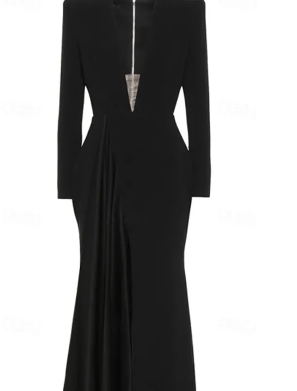 A-Line Evening Gown Elegant BlackDress Tuxedo Dress Plus Size Dress Formal Sweep / Brush Train Long Sleeve V Neck Stretch Fabric with Pleats Slit Masquerade Dress to impress