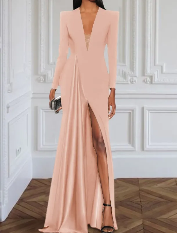 A-Line Evening Gown Elegant BlackDress Tuxedo Dress Plus Size Dress Formal Sweep / Brush Train Long Sleeve V Neck Stretch Fabric with Pleats Slit Masquerade Dress to impress