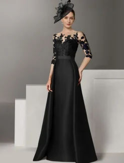 A-Line Evening Gown Elegant Dress Wedding Guest Sweep / Brush Train Long Sleeve Scoop Neck Stretch Satin with Appliques