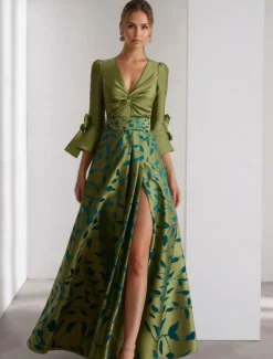 A-Line Evening Gown Formal Wedding Floor Length 3/4 Length Sleeve V NeckMother Of the Bride Dress Satin with Floral Print Bow(s) Slit Race Day Dress Wedding Guest Dress