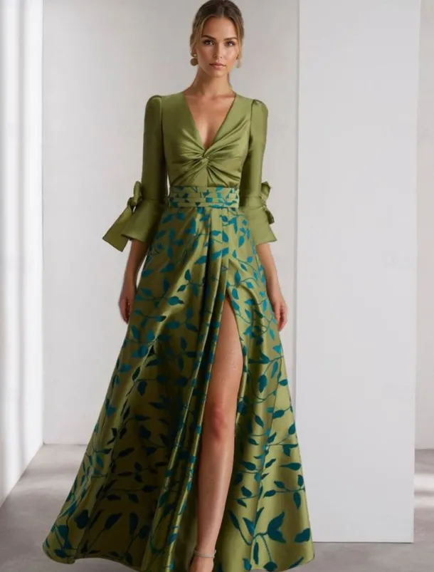 A-Line Evening Gown Formal Wedding Floor Length 3/4 Length Sleeve V NeckMother Of the Bride Dress Satin with Floral Print Bow(s) Slit Race Day Dress Wedding Guest Dress