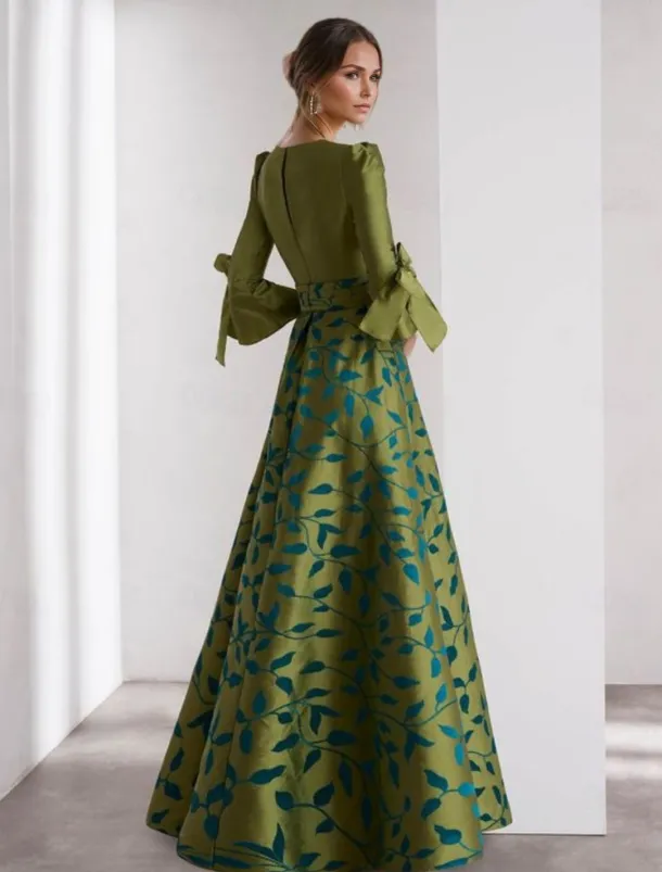 A-Line Evening Gown Formal Wedding Floor Length 3/4 Length Sleeve V NeckMother Of the Bride Dress Satin with Floral Print Bow(s) Slit Race Day Dress Wedding Guest Dress