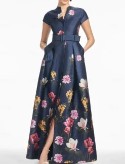 A-Line Evening Gown High Split Dress Formal Wedding Guest Floor Length Short Sleeve V Neck Pocket Satin with Floral Print Slit Pocket Race Day Dress Wedding Guest Dress