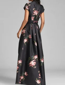 A-Line Evening Gown High Split Dress Formal Wedding Guest Floor Length Short Sleeve V Neck Pocket Satin with Floral Print Slit Pocket Race Day Dress Wedding Guest Dress