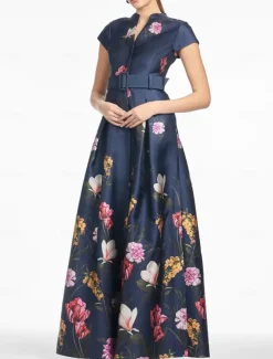 A-Line Evening Gown High Split Dress Formal Wedding Guest Floor Length Short Sleeve V Neck Pocket Satin with Floral Print Slit Pocket Race Day Dress Wedding Guest Dress