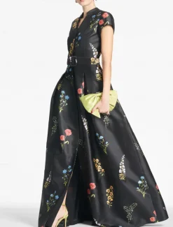 A-Line Evening Gown High Split Dress Formal Wedding Guest Floor Length Short Sleeve V Neck Pocket Satin with Floral Print Slit Pocket Race Day Dress Wedding Guest Dress