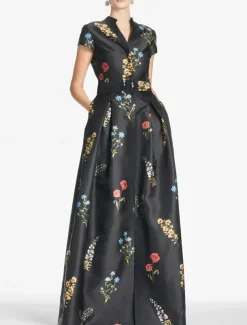 A-Line Evening Gown High Split Dress Formal Wedding Guest Floor Length Short Sleeve V Neck Pocket Satin with Floral Print Slit Pocket Race Day Dress Wedding Guest Dress