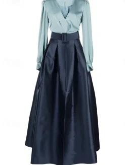 A-Line Evening Gown High Split Dress Formal Wedding Guest Floor Length Long Sleeve V Neck Belt / Sash Satin with Pleats Slit