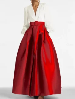 A-Line Evening Gown High Split Dress Formal Wedding Guest Floor Length Long Sleeve V Neck Belt / Sash Satin with Pleats Slit