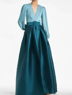 A-Line Evening Gown High Split Dress Formal Wedding Guest Floor Length Long Sleeve V Neck Belt / Sash Satin with Pleats Slit