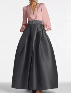 A-Line Evening Gown High Split Dress Formal Wedding Guest Floor Length Long Sleeve V Neck Belt / Sash Satin with Pleats Slit