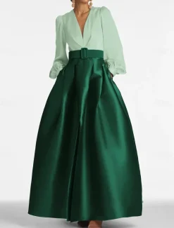 A-Line Evening Gown High Split Dress Formal Wedding Guest Floor Length Long Sleeve V Neck Belt / Sash Satin with Pleats Slit