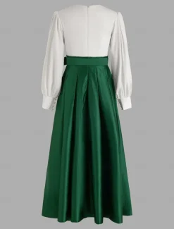 A-Line Evening Gown High Split Dress Formal Wedding Guest Floor Length Long Sleeve V Neck Belt / Sash Satin with Pleats Slit