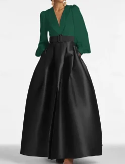 A-Line Evening Gown High Split Dress Formal Wedding Guest Floor Length Long Sleeve V Neck Belt / Sash Satin with Pleats Slit