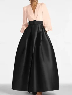 A-Line Evening Gown High Split Dress Formal Wedding Guest Floor Length Long Sleeve V Neck Belt / Sash Satin with Pleats Slit