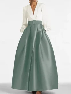 A-Line Evening Gown High Split Dress Formal Wedding Guest Floor Length Long Sleeve V Neck Belt / Sash Satin with Pleats Slit