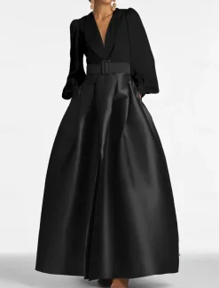 A-Line Evening Gown High Split Dress Formal Wedding Guest Floor Length Long Sleeve V Neck Belt / Sash Satin with Pleats Slit