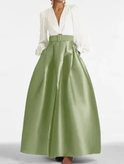 A-Line Evening Gown High Split Dress Formal Wedding Guest Floor Length Long Sleeve V Neck Belt / Sash Satin with Pleats Slit